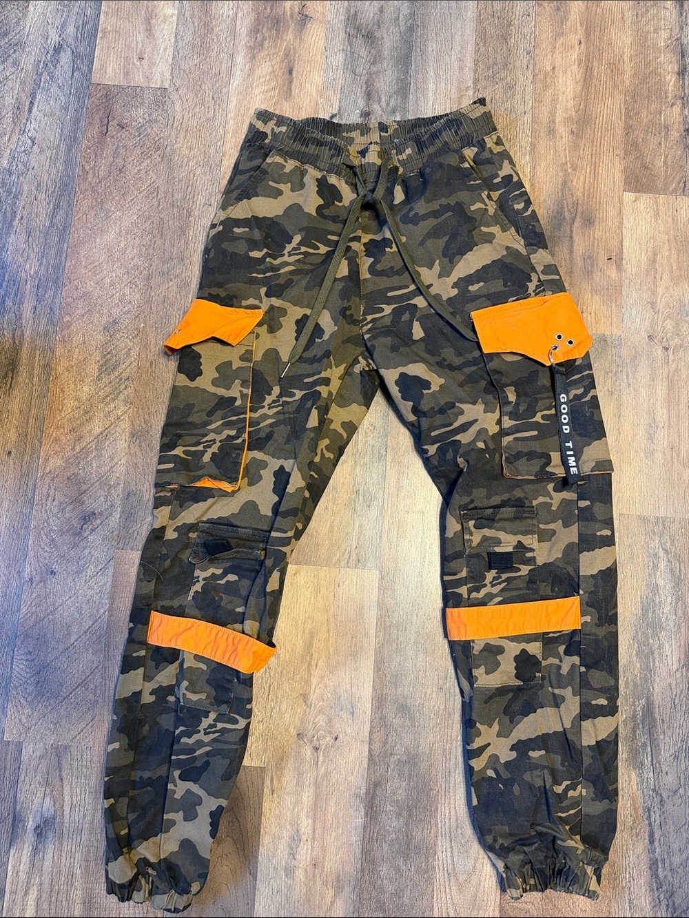 Fashion Nova Green Camo Cargo Pants with Orange Accents